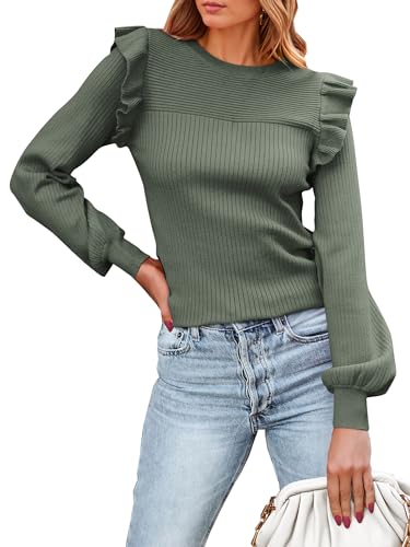 PRETTYGARDEN Fall Sweaters for Women 2024 Spring Trendy Long Sleeve Ruffle Pullover Tops Cute Lightweight Business Casual Sweatshirts (Bean Green,S)