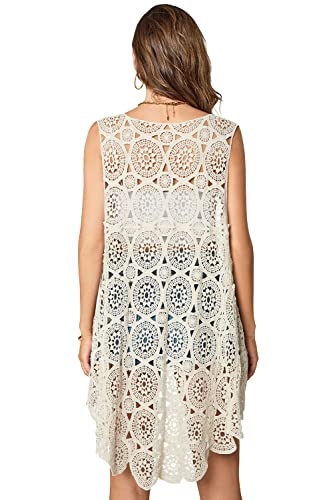Women's Crochet Lace Vest Boho Sleeveless Kimono Irregular Hem Cardigan (Navy-W03)