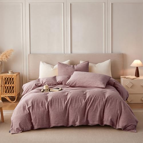 BFS HOME Linen Duvet Cover Queen Size - Soft Breathable Cotton Linen Blend, 3-Pieces Bedding Set with 2 Pillowcases, Stonewashed Texture, Off-White, All-Season Comfort