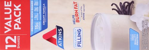 Atkins Creamy Vanilla Protein Shake, 15g Protein, Low Glycemic, 2g Net Carb, 1g Sugar, Keto Friendly, 12 Count