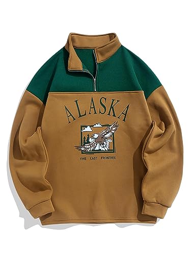 ZAFUL Men's Letters Embroidered Raglan Sleeve Quarter Zip Fleece Vintage Pullover Sweatshirt (CALIFORNIA-Light Blue, M)