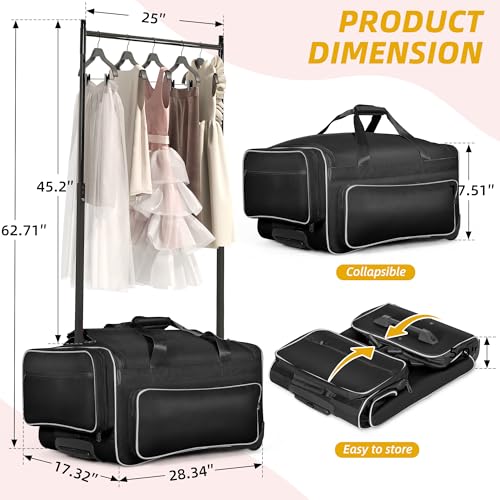 DWVO Dance Bag with Garment Rack, 23" Rolling Dance Garment Bags for Dancers, Duffle Bag with Rack and Wheels for Dance Competition, Travel, Modern, Lightweight, Collapsible