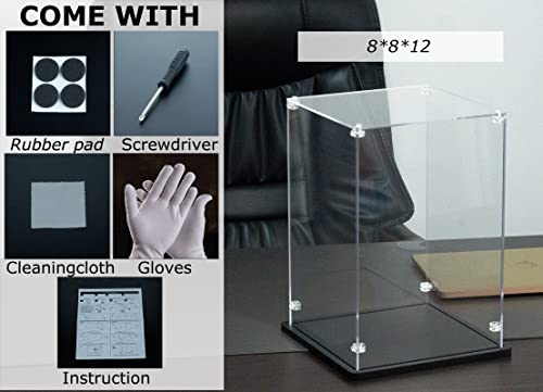 Gemutlich Acrylic Display Case 8x8x12 inch - 3mm Thick Acrylic Display Box with Black Wooden Base, Assemble Dustproof Showcase Clear Display Case for Collectibles Figures Lego Helmet Doll Toys Models