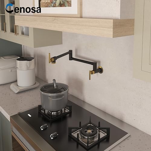 CENOSA Pot Filler Faucet Black and Gold Commercial Wall Mount Stove Faucet Wall Mount Kitchen Sink Pot Filler Facuet