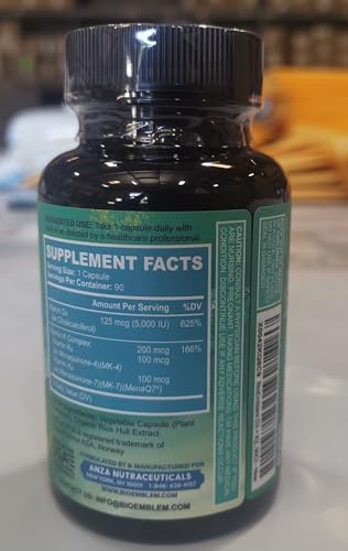 BioEmblem Vitamin D3 K2 Capsules (5000IU and 200mcg) - Patented MK7 and MK4 for 3-in-1 Complex Support - Vegetarian Vitamin D K2 Supplement for Teeth, Heart, Immune System - Non-GMO, 90 Caps