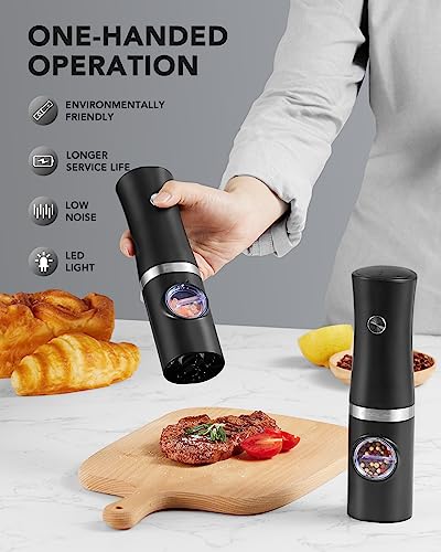 FORLIM Rechargeable Electric Salt and Pepper Grinder Set with Charging Base, Automatic Pepper Mill, Adjustable Coarseness, White LED Light, USB Type-C Cable, One Hand Operation, 2 Mills