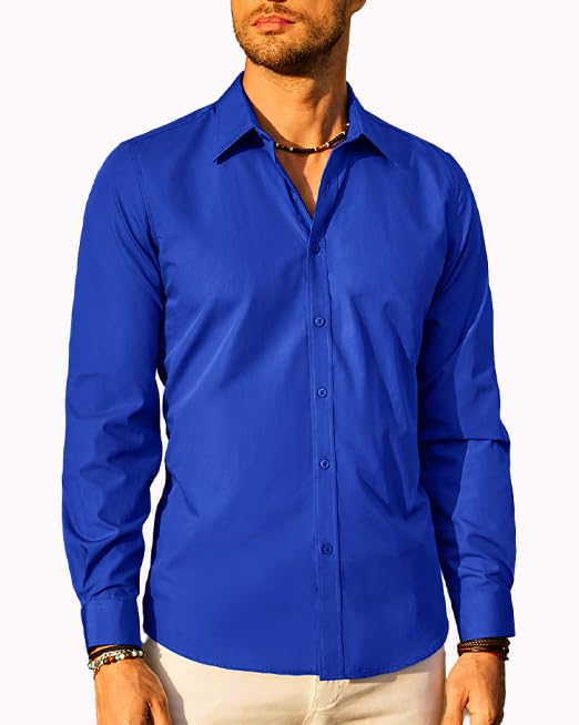 Stylish Slim Fit Long Sleeves Button Down Dress Shirts (L, Royal Blue 52)