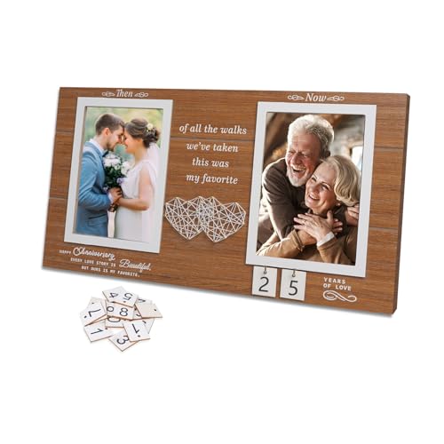 Then and Now Anniversary Picture Frame, 1-99 Years Wedding Gift Ideas, Engagement Bridal Shower Gifts, 25th Anniversary Wood Double Photo Frame for Couple, 4x6 Inches Photos