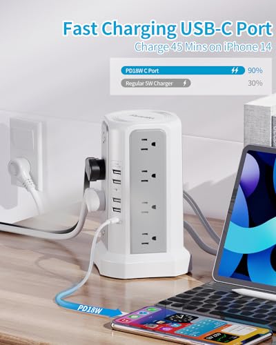 PD 18W USB C Power Strip Surge Protector Tower with 16 Outlets and 5 USB Ports, 6FT Extension Cord with Multiple Outlets, Fararaka Charging Station Home Office Essentials