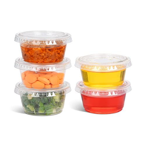 EDI [1 OZ, 100 Sets] Clear Disposable Plastic Portion Cups with Leakproof Lids | Jello Shot Cups | Condiment and Dipping Sauce Cups | Souffle Cups | BPA Free | Recyclable