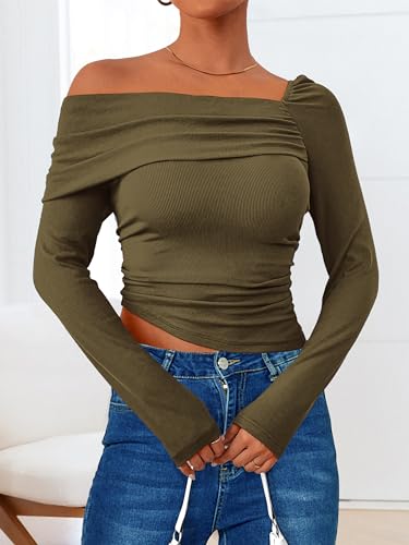 MASCOMODA Women 2024 Long Sleeve Crop Top Off The Shoulder Cute Going Out Tops Trendy Slim Fitted Ribbed Knit Tee Shirts(Army Green,Small)