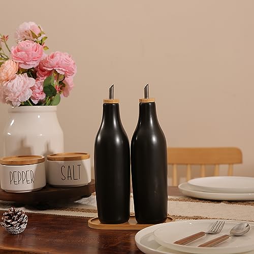 HOMCDALY Ceramic Olive Oil Dispenser for Kitchen, Stoneware 16oz Oil and Vinegar Bottles Dispenser, Kitchen Dispenser Bottle for EVOO Vinegar Syrups, Modern Farmhouse Design(B)
