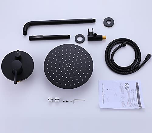 RBROHANT Matte Black Rain Shower System, Wall Mounted 10 Inches Round High Pressure Rainfall Shower Head with Handheld Shower Faucet Set, Solid Brass Rough-in Valve Included, RCS81005MB