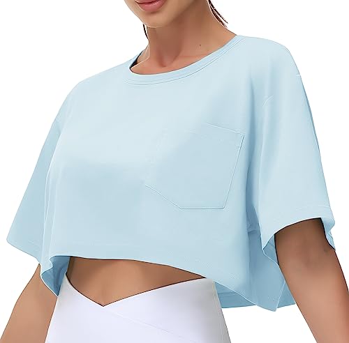 THE GYM PEOPLE Women's Workout Crop Tops Short Sleeve Boxy Oversized T-Shirts with Pockets Light Blue