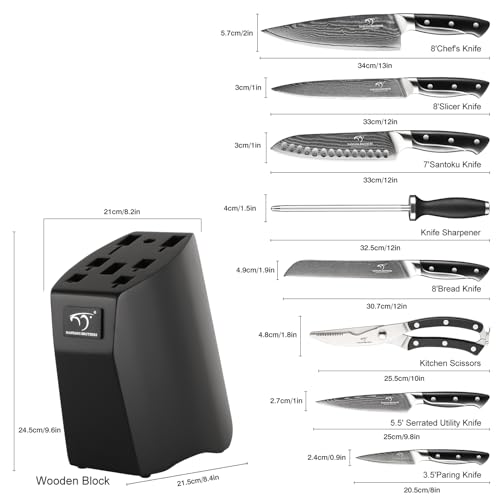 Damascus Kitchen Knife Sets, 9 Pieces Kitchen Knives Set with Block, ABS Ergonomic Handle for Chef Knife Set, Knife Sharpener and Kitchen Shears, Knife Block Set NF-D0603T-B