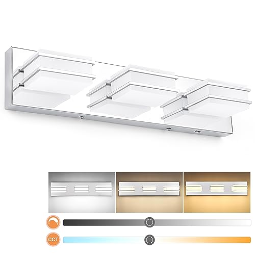 3 Color Temperature Dimmable Bathroom Light Fixtures over Mirror, LED Chrome 3 Light Vanity Lighting Fixtures, Acrylic Stainless Steel Square Shade Vanity Lights for Bathroom, ETL Certificated