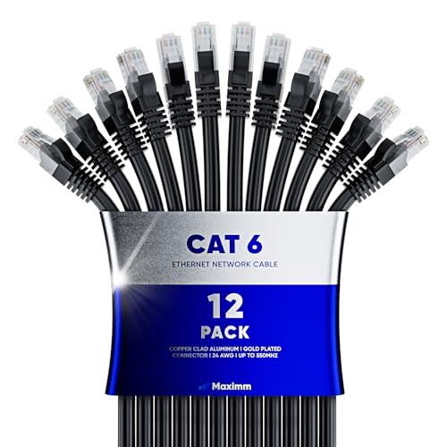 Maximm Cat 6 Ethernet Cable 12 ft (12-Pack) - High-Speed LAN Cable, Internet Cable, Patch Cable, and Network Cable - UTP, 10Gbps, 550MHz Ethernet Cord - Yellow