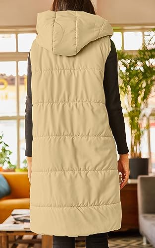 Grlasen Women's Long Quilted Puffer Vest Sleeveless Hooded Button Down Padded Coats Jacket Outerwear with Pockets