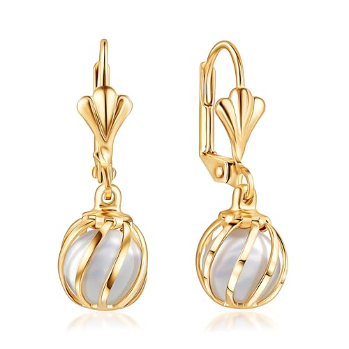 Barzel 18K Gold Plated Pearl Drop Earrings Caged (ER308)