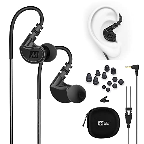 MEE audio M6 Sport Wired Earbuds, Noise Isolating In Ear Headphones, Sweatproof Earphones for Running/Gym/Workouts with Dynamic Enhanced Bass Sound, Memory Wire Earhooks, 3.5mm Jack Plug (Clear)