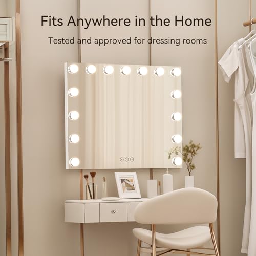 POPLIZZ 23.6" x 21.3" Large Vanity Mirror with Lights with 15 Dimmable LED Bulbs, 3 Light Colors, Smart Touch Control, Wall Mounted, USB Charging Port