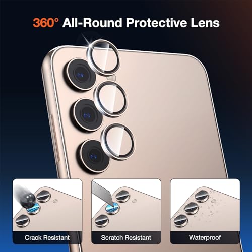 KUZOOM 2Pack 9H Auto Alignment HD Camera Lens Protector for Samsung Galaxy S24,Metal Individual Ring Back Screen Camera Cover Film Decoration Accessories,Case Friendly Scratch Resistant (Gold)