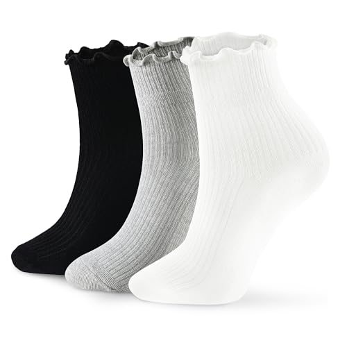 Fandecie 3 Pairs Frilly Socks Women,Ruffle Socks for Girl Women,Cute Ankle Socks for Women,Solid Color Lettuce Edge Comfort Breathable One Size 5-9,White,Black and Grey
