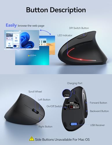 TECKNET Ergonomic Mouse, Rechargeable Vertical Ergo Mouse Wireless, Silent 2.4GHz 6 Buttons Optical Carpal Tunnel Mouse, 5 Adjustment Levels, Up to 4800DPI Wireless Mouse for Laptop, Desktop, PC