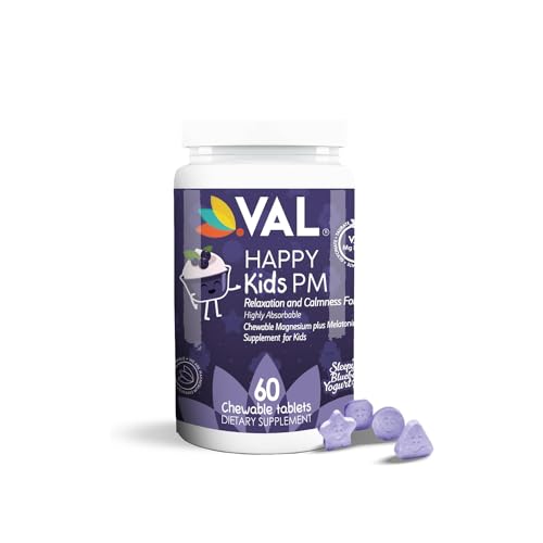 VAL Kids Melatonin Plus Magnesium, B6, Vitamin C, Bedtime Routine Supplement, Sleep Support for Kids 4+, Drug Free, Sugar Free, Natural Blueberry Yogurt Flavor, 60 Chew Tabs