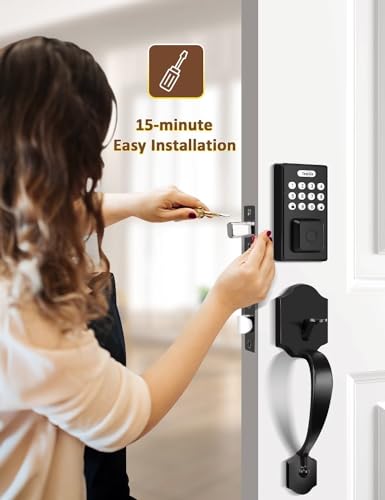 Keyless Entry Door Lock with 2 Handles, Tinewa Electronic Keypad Deadbolt, Auto-Locking, Anti-Peeping Password, Digital Smart Code Door Lock, Front Door Handle Sets, Matte Black