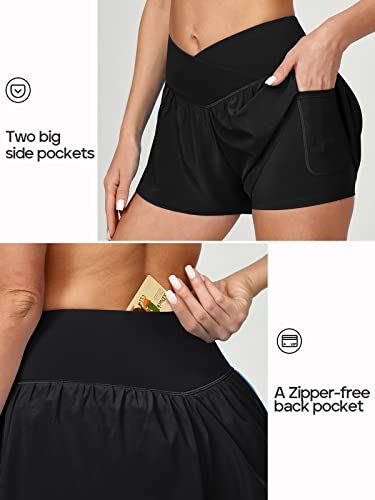 Ewedoos Crossover Flowy Athletic Shorts for Women with 3 Pockets 2 in 1 Butterfly Shorts High Waisted Running Shorts Black