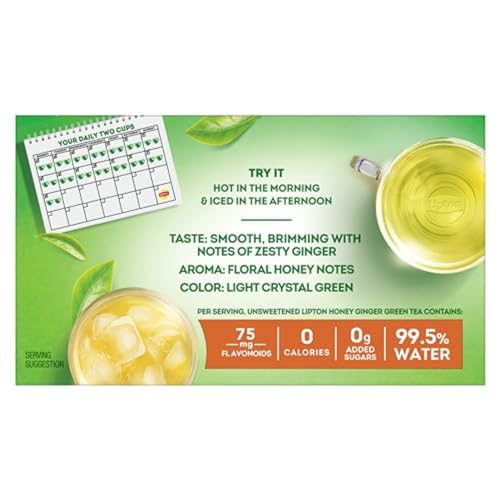 Lipton Honey Ginger Green Tea Bags, Flavored, Unsweetened Teabags for Hot Tea or Iced Tea with Caffeine and Flavonoids, 120 Total Tea Bags (20ct - Pack of 6)