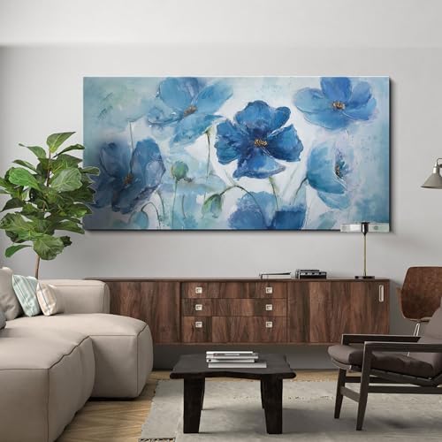 AJAZIKO Large Wall Art Canvas Decor, Blue Flowers Theme Pictures for Bedroom, Wall Decor for Living Room, Wall Art Prints- Wall Art for living room