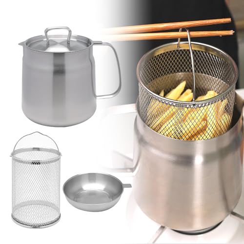 2L Stainless Steel Oil Filter Pot, 2024 Upgrade 304 Stainless Steel Large Capacity Versatile Oil Filter Vessel Tank, Kitchen Mini Oil Fryer And Filter Cup Combo Multi-Function Frying Net Tank (A-1.5L)