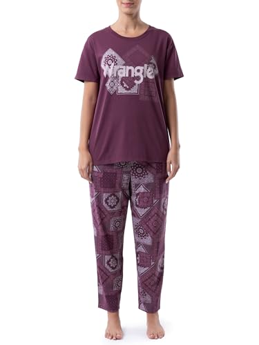 Wrangler Women's Short Sleeve Graphic Tee and Printed Pants Pajama Sleep Set, Amaranth/Paisley