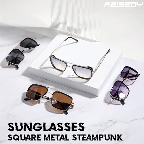 FEISEDY Sunglasses Men Women Vintage Aviator Square Trendy Metal Steampunk Fishing Driving Sun Glasses B0114