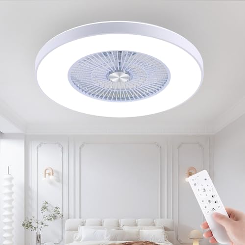 HUMHOLD 24" Bladeless Ceiling Fans with Lights and Remote/APP Control, Low Profile Ceiling Fan with 3-Dimmable Lights, Enclosed Flush Mount Ceiling Fan for Kid's Bedroom/Living Room