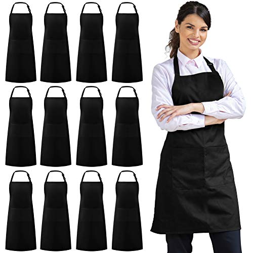 Syntus 12 Pack Bib Apron, Unisex Aprons Adjustable 100% Cotton with 2 Pockets Cooking Kitchen Aprons for Women Men Chef, BBQ Drawing Apron Bulk, Black