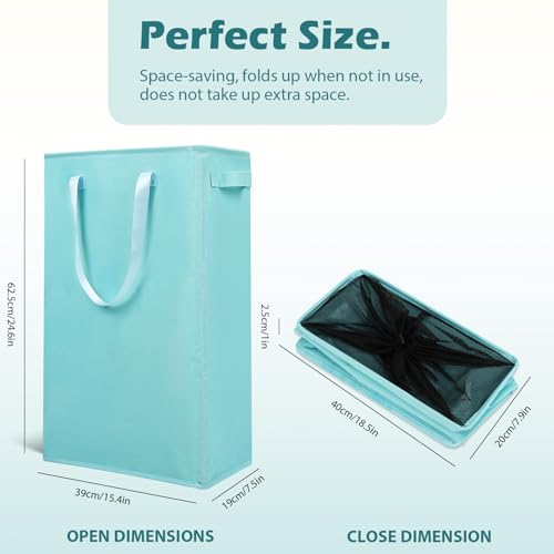 Odonata Slim Laundry Hamper Handles Collapsible Laundry Basket Thin Dirty Clothes Basket Narrow Laundry Bag Foldable Dirty Hamper 45L (Baby Blue)