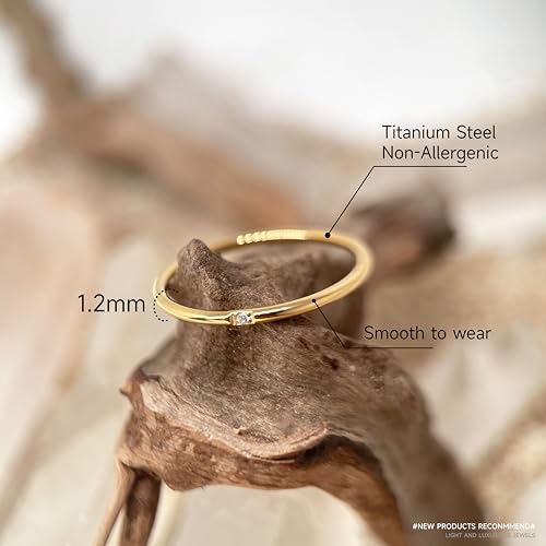 munone 1mm Skinny Thin Solitaire Flush Set Cubic Zirconia Stackable Band Ring for Women Men,14k Gold Plated Titanium Comfort Fit Band Rings