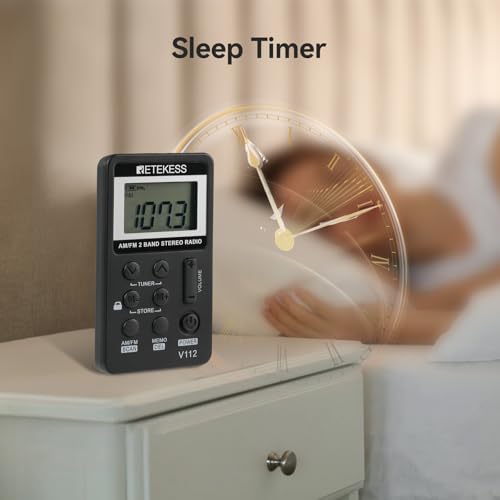 Retekess V112 AM FM Pocket Radio, Digital Radio with Earphone, Rechargeable Battery Radio with LCD Display for Walking, Jogging, Training(Black)