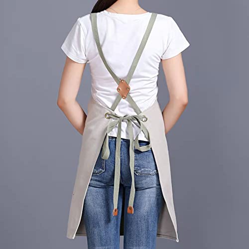 Tosewever Canvas Cross Back Chef Cotton Aprons for Men Women with Large Pockets (Beige)