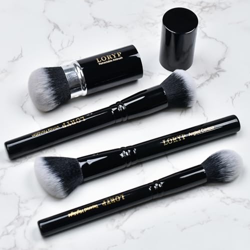 LORYP 4 Pcs Full Face Professional Makeup Brushes Set with Retractable Kabuki Airbrush For Powder,Liquid,Cream,Angled Blush Brush, Foundation Brush, Tapered Highlight Brush
