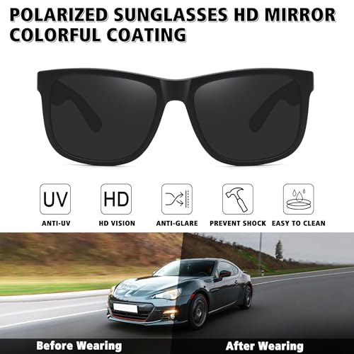STORYCOAST Classic Polarized Sunglasses for Men Women Retro Square Shades UV400 Protection Matte Black Frame/Gray Lens