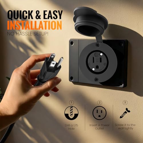 15A Weatherproof Outdoor Power Outlet by Journeyman-Pro 15 Amp 125 Volt NEMA 5-15R Receptacle Kit with Integrated 20" Inch Extension Cord + Waterproof Rubber Cover (GCR1-BLACK)