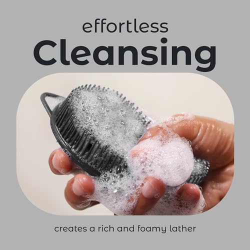 MainBasics Exfoliating Silicone Body Scrubber Pro 2-in-1 Shower Scrubber for Body, Silicone Loofah and Body Massager (Black, Body + Massage)