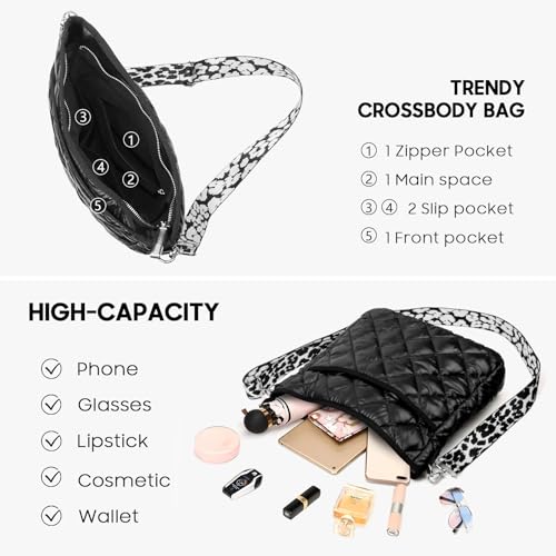 Quilted Crossbody Bags for Women, Unique Pattern Strap Quilted Bag, Crossbody Purses for Women, Quilted Puffer Bag for Women (Black)