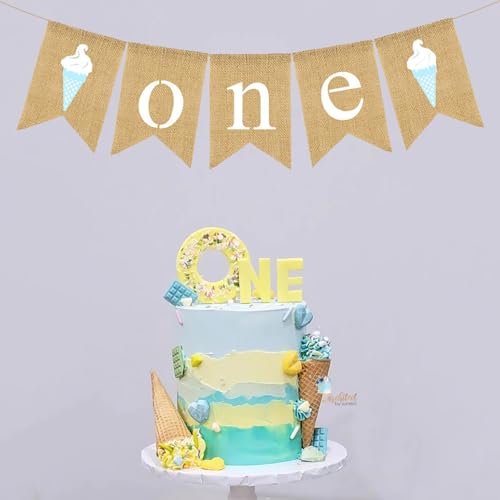 Sweet One Banner, Ice Cream First Birthday Banner,Baby Shower Burlap Banner Decoration,1st Birthday Party Decorations (Candy Blue Ice Cream)