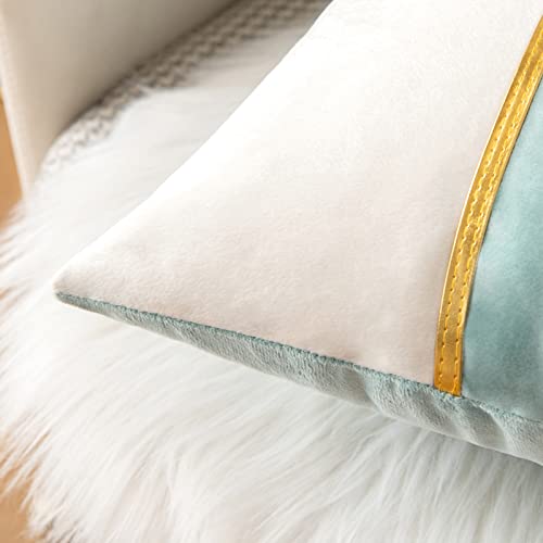 MIULEE Pack of 2 Decorative Patchwork Velvet Throw Pillow Covers with Gold Leather Square Soft Solid Pillowcases Couch Pillows Covers for Bed Sofa Living Room 12 X 20 Inch Aqua Green