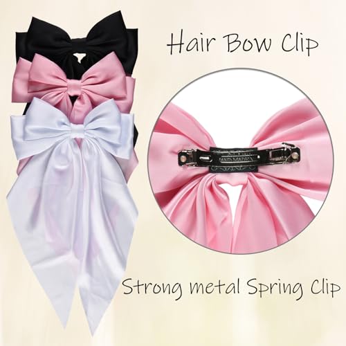 Wdnew 3Pcs Large Satin Hair Bows for Women - Bow Clips, Hair Barrettes and Accessories (3 count, Black Pink White)